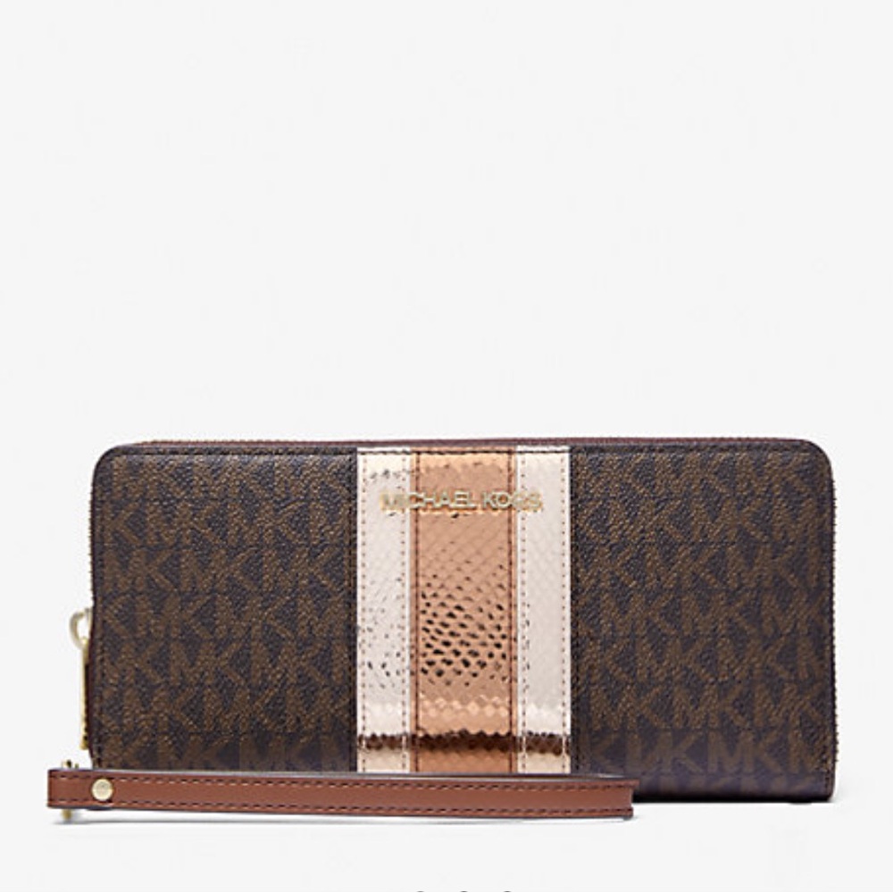 Michael Kors Jet Set Travel Large Signature Logo and Metallic Continental Wallet